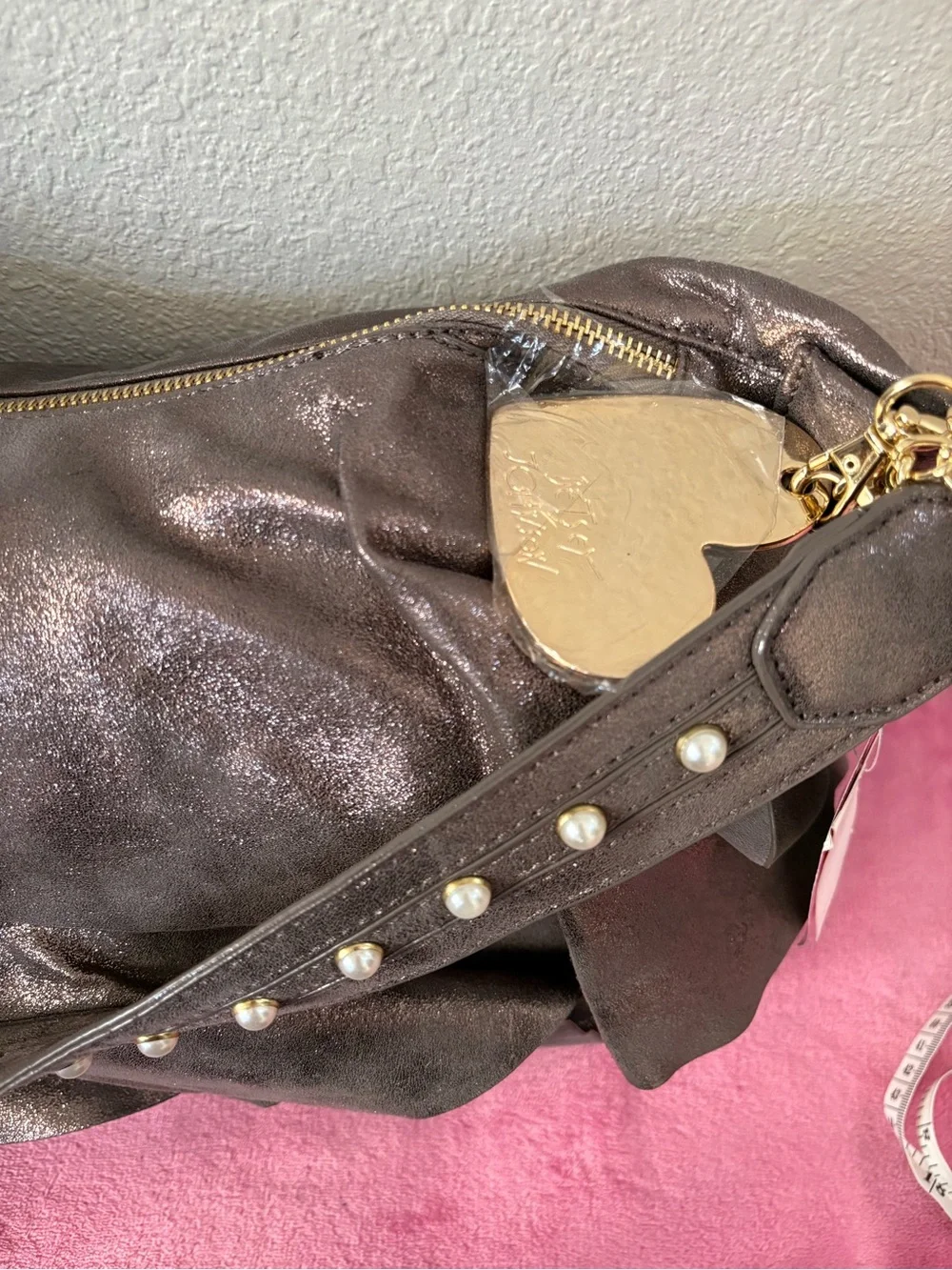 Betsey Johnson Metallic Hobo with Pearl-Embellished Strap